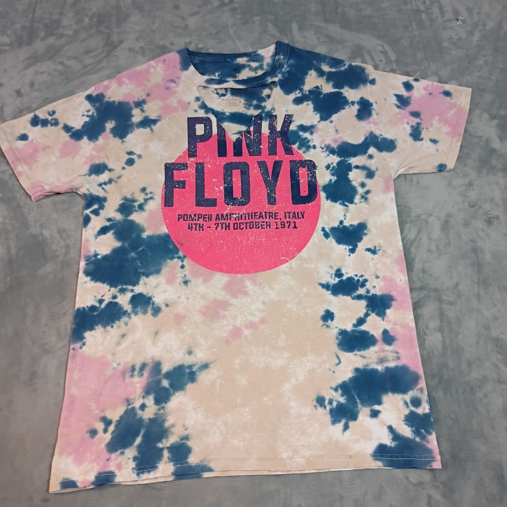 Pink Floyd Pompeii 1971 Tie Dye Graphic T-Shirt Cut Out V-Neck Blue Pink Small